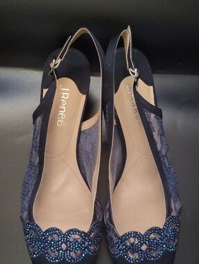 J.Renee Navy Lace Slingback Flats with Blue Rhinestone Trim